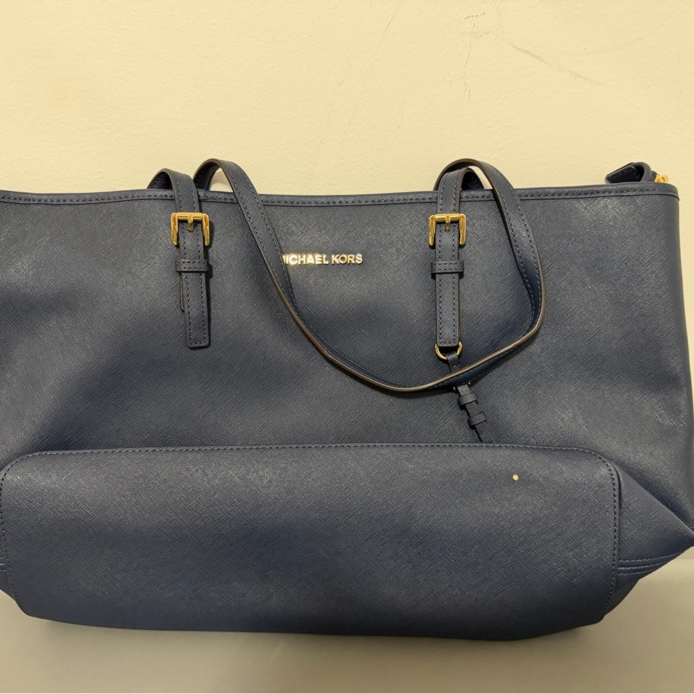 Michael Kors Navy Saffiano Leather Tote with Gold Hardware